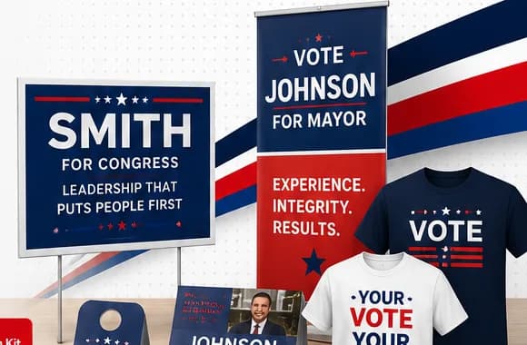 Campaign yard signs, banners, shirts, flyers, and door hangers